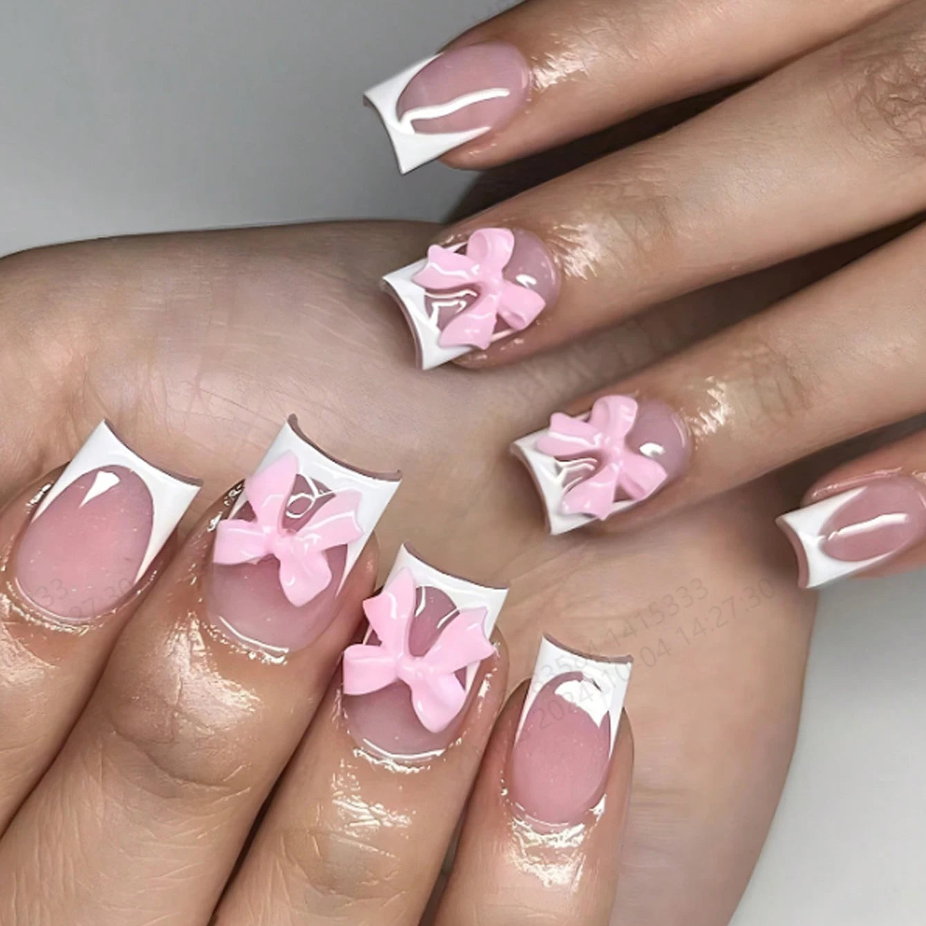 24pcs Medium Stiletto Press-On Nails – Pink Bowknot Fingertip Design, Full Cover Set