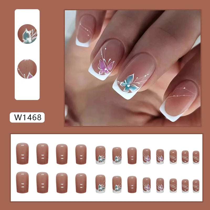 24pcs Pink Gradient Press-On Nails – Yellow Flower Design, Glossy Finish, Reusable Full Cover