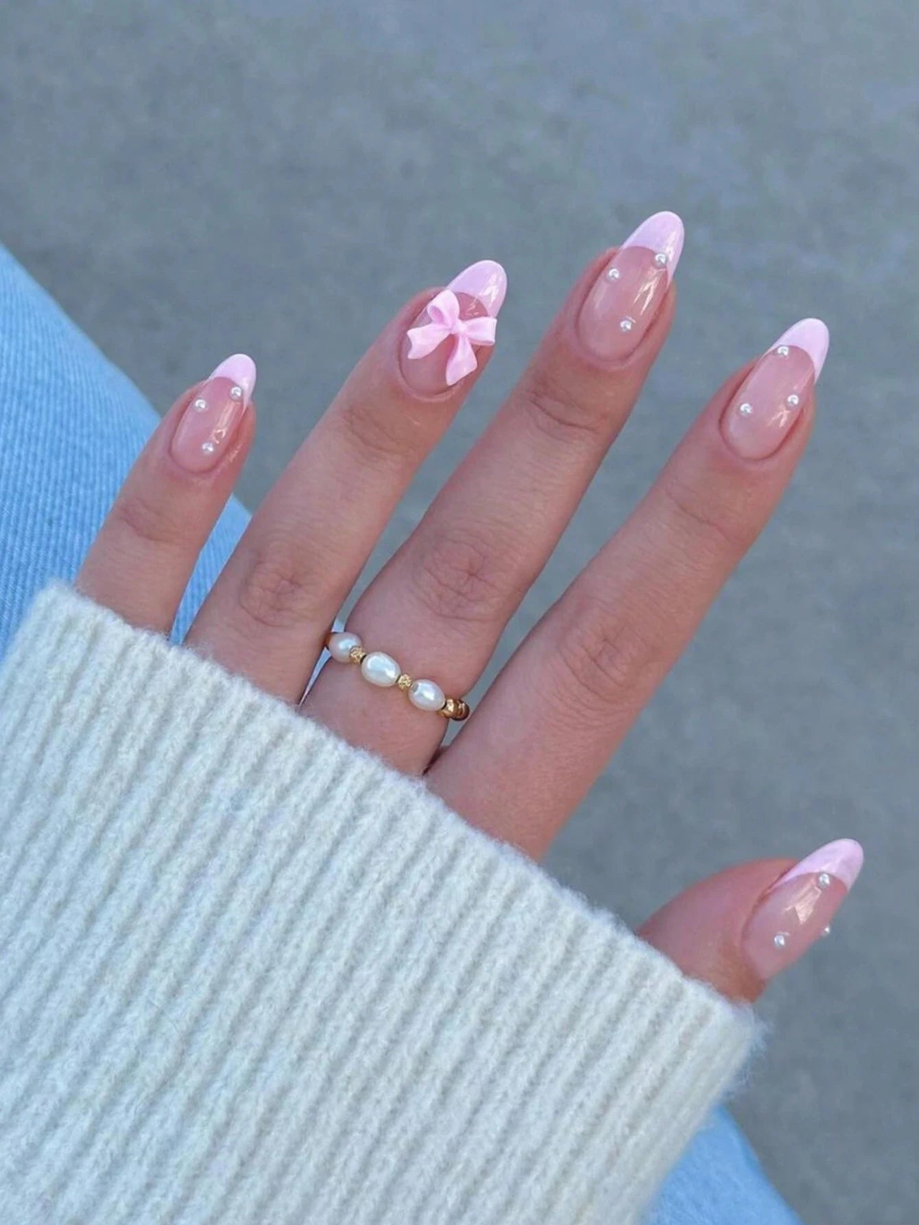 24pcs Medium Stiletto Press-On Nails – Pink Bowknot Fingertip Design, Full Cover Set