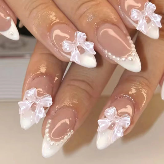 24pcs Medium Stiletto Press-On Nails – Pink Bowknot Fingertip Design, Full Cover Set
