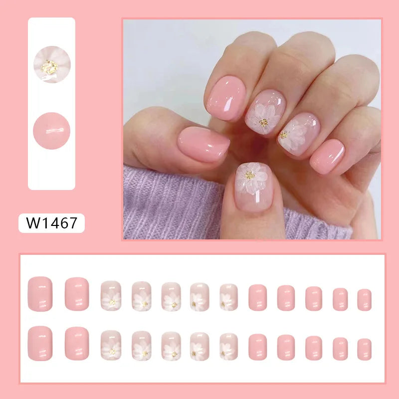 24pcs Pink Gradient Press-On Nails – Yellow Flower Design, Glossy Finish, Reusable Full Cover