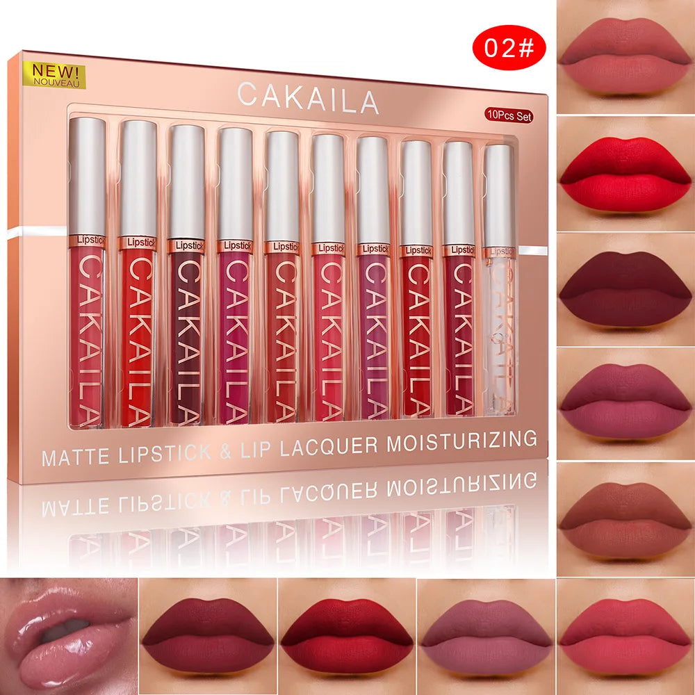 10-Piece Velvet Nude Lip Gloss & Lipstick Set – Waterproof, Long-Wear Moist Tint, Elegant Matte Finish