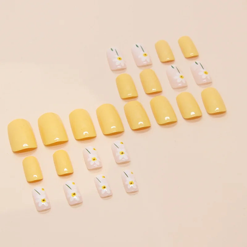 24pcs Pink Gradient Press-On Nails – Yellow Flower Design, Glossy Finish, Reusable Full Cover