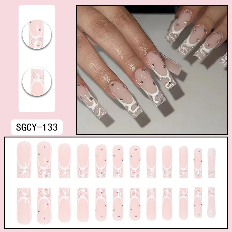 24pcs Long Coffin Press-On Nails – French Patterns with Flowers, Butterflies, and Diamond Shine