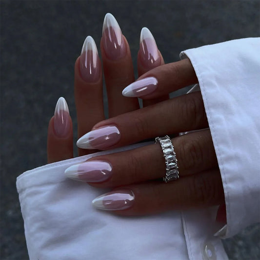 24pcs Long Almond French Tip Press-On Nails – Simple Full Cover Design