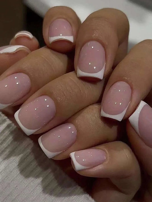 24pcs Square Press–On Nails – White French Tips with Cute Bride Heart Design, Y2K Style