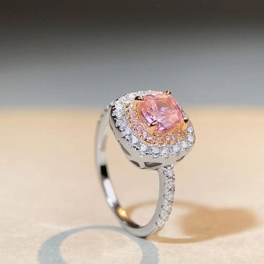 Exquisite PT950 Platinum Ring for Women – Pink Ice Square Center with Full Pavé Diamond Setting