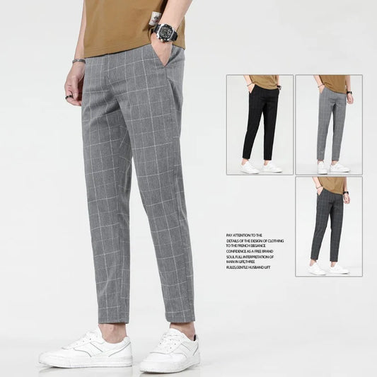 Men’s Slim-Fit Checkered  Pants – Business Casual Elegance