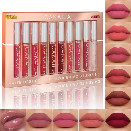 10-Piece Velvet Nude Lip Gloss & Lipstick Set – Waterproof, Long-Wear Moist Tint, Elegant Matte Finish