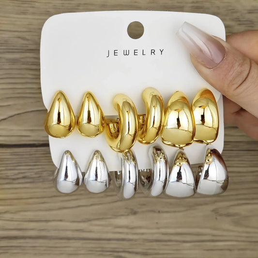 6-Piece Gold-Plated Waterdrop Hoop Earring Set – Chunky Minimalist Design for Women
