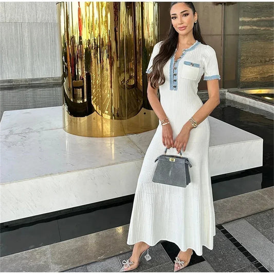 women's Elegant White Knit Bodycon Maxi Dress –  Sleeve, Pocket Detail