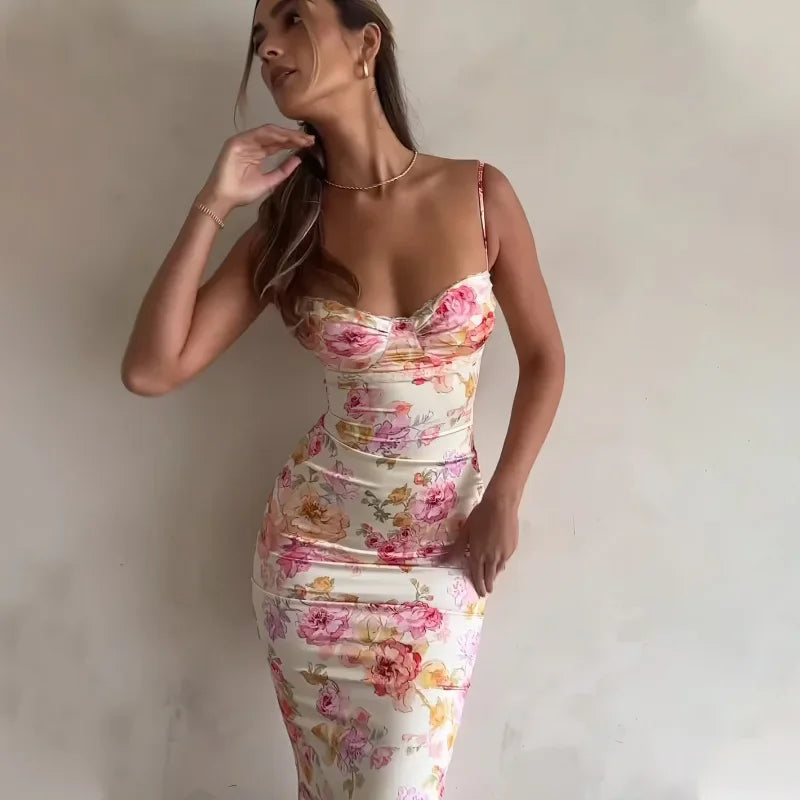 Women's European Style Summer Dress – Printed, Open-Back Tank Design, Slim Fit