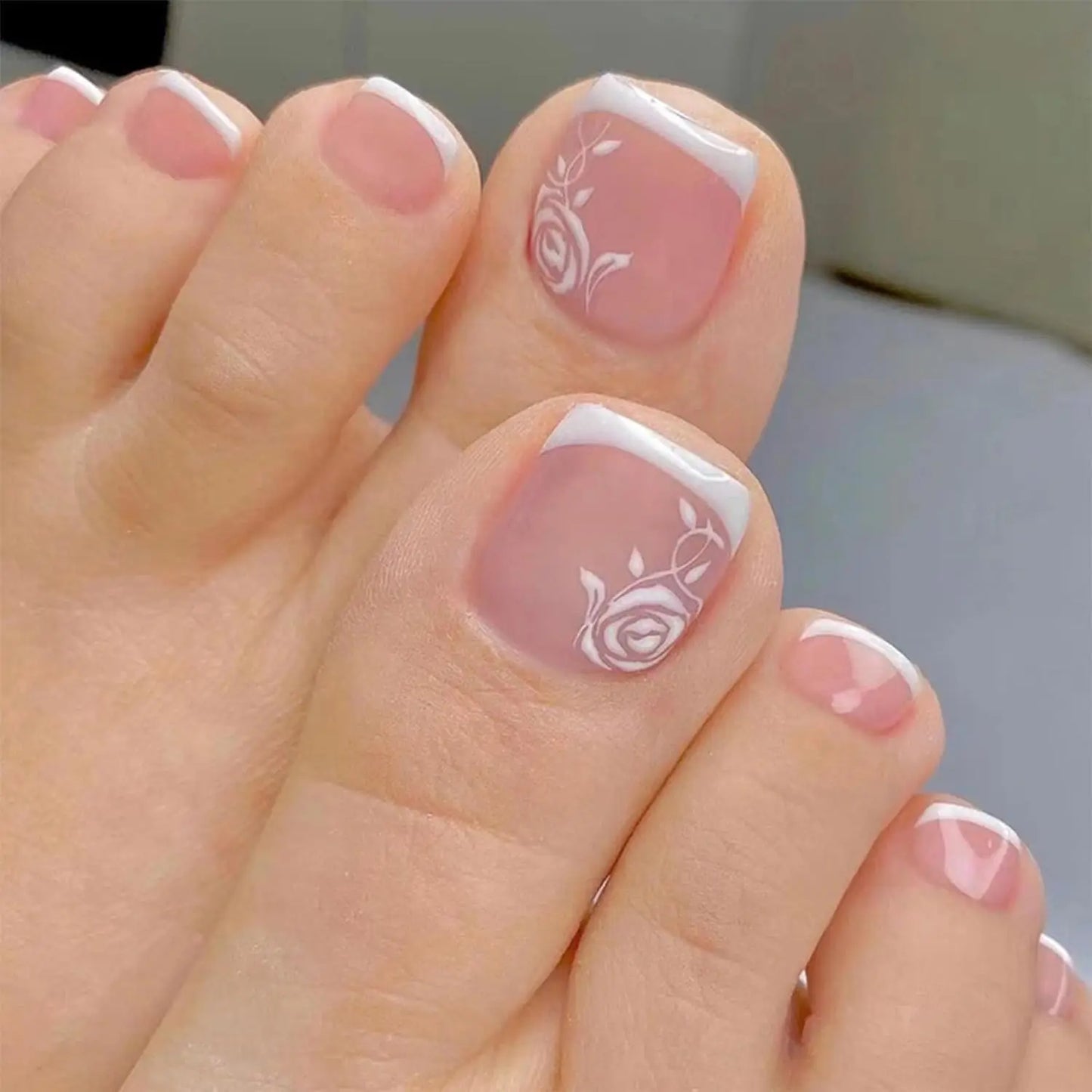 24pcs Nude French Tip Press-On Toe Nails – Square Shape, Glossy Finish