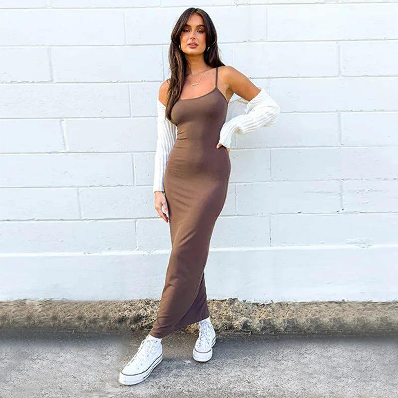 Women's Satin Slip Maxi Dress – Sleeveless, Backless, Elegant Party Style