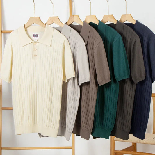 Men's High-End Italian Style Polo Shirt – Ribbed Knit, Vintage Lapel, Elegant Casual Wear