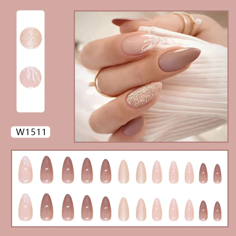 24pcs Pink Gradient Press-On Nails – Yellow Flower Design, Glossy Finish, Reusable Full Cover