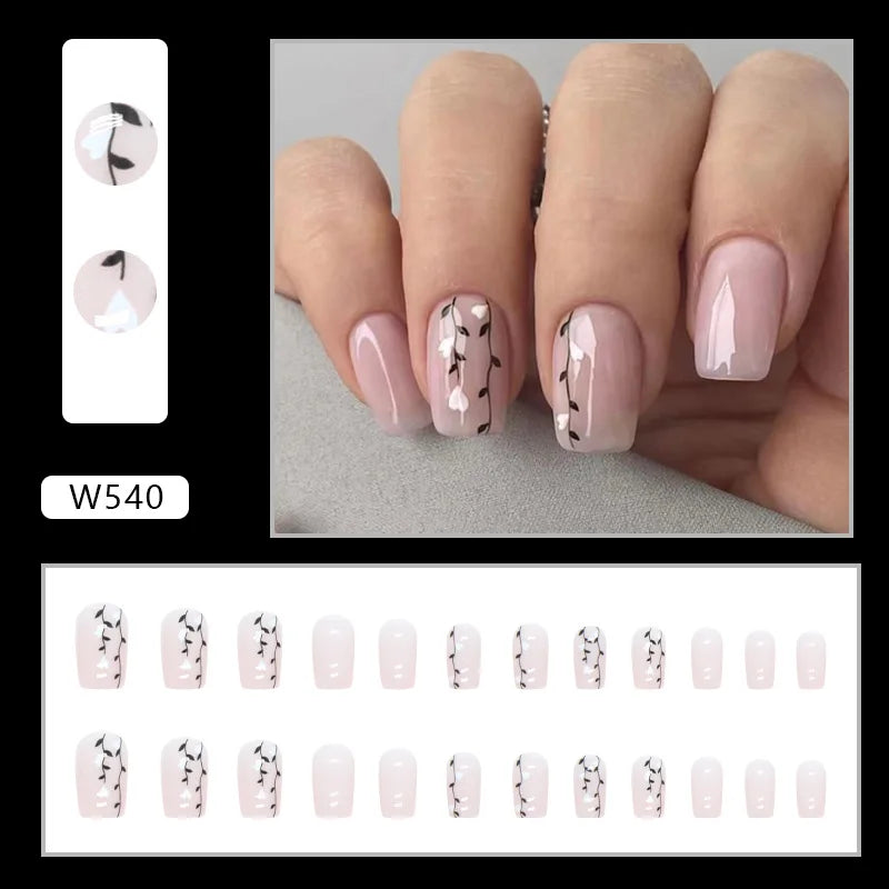 24pcs Pink Gradient Press-On Nails – Yellow Flower Design, Glossy Finish, Reusable Full Cover