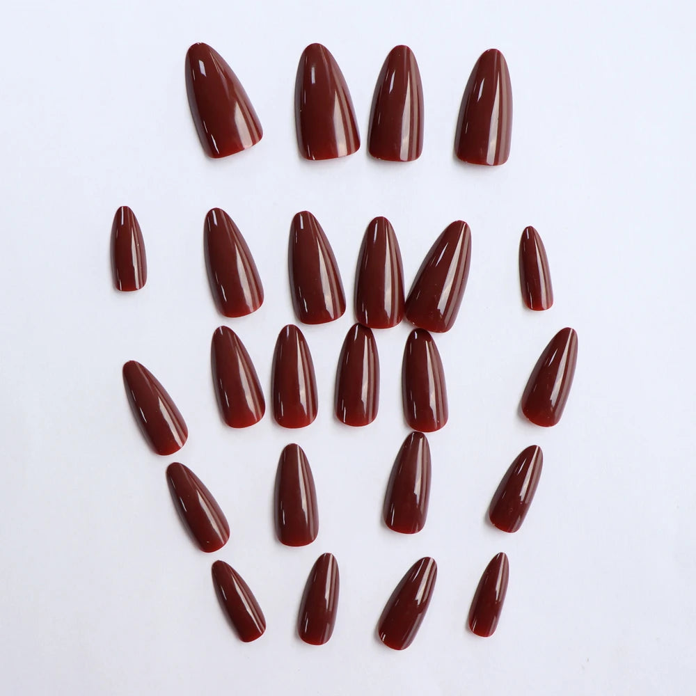 24pcs Almond Press–On Nails – Wine Red High Saturation, Korean Style for Valentine’s Day