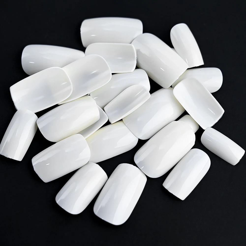 100pcs White Medium Square Press-On Nails – Full Cover Acrylic-Look False Tips, 10 Size Nail Decoration Set