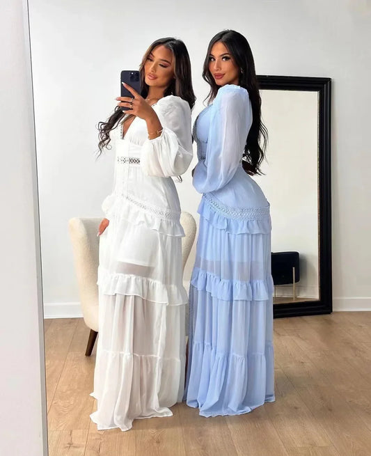 Women's Elegant Tiered Ruffle Maxi Dress – Deep Green, V-Neck & Long Sleeve Design