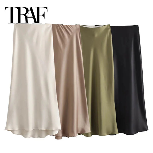 Women's High-Waisted Satin Office Skirt