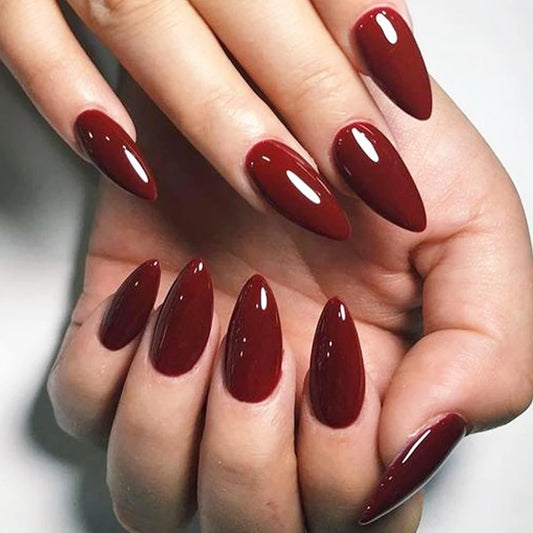 24pcs Almond Press–On Nails – Wine Red High Saturation, Korean Style for Valentine’s Day
