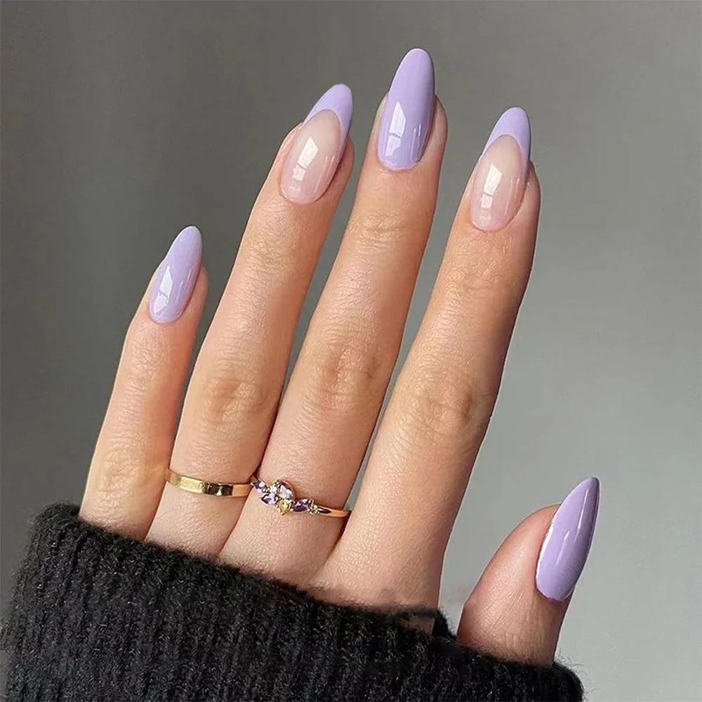 24pcs Long Almond French Tip Press-On Nails – Simple Full Cover Design