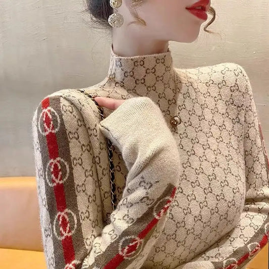 Elegant Letter Knit Pullover – Autumn Slim Fit High Collar Design