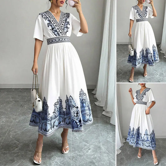 Rafiah Women's Summer White Midi Dress – V-Neck, Blue Embroidery, A-Line Fit