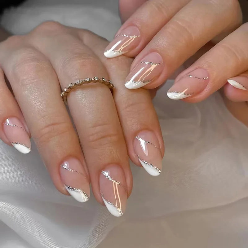 24pcs Long Almond French Tip Press-On Nails – Simple Full Cover Design