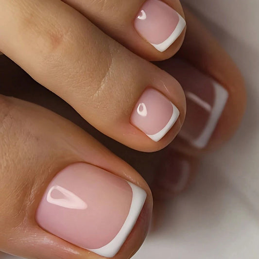 24pcs Nude French Tip Press-On Toe Nails – Square Shape, Glossy Finish