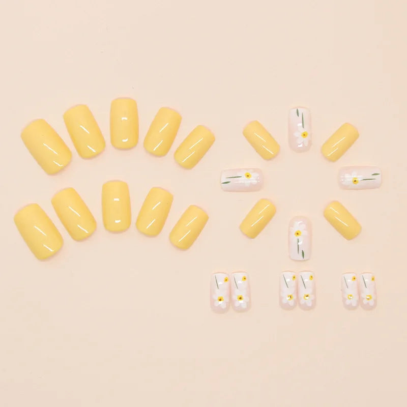 24pcs Pink Gradient Press-On Nails – Yellow Flower Design, Glossy Finish, Reusable Full Cover