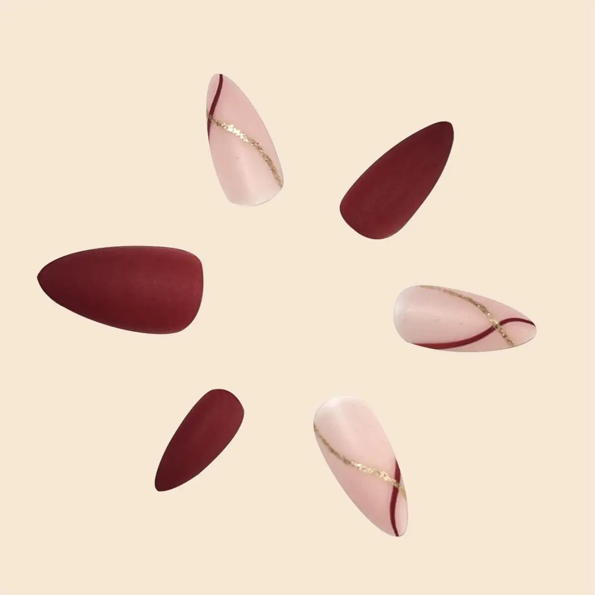 24pcs Medium Drop Shape Press-On Nails – Red Gold Matte Finish, Full Coverage Wearable Nail Set