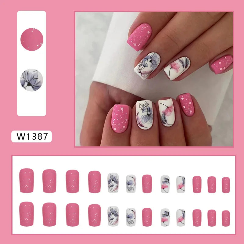 24pcs Pink Gradient Press-On Nails – Yellow Flower Design, Glossy Finish, Reusable Full Cover