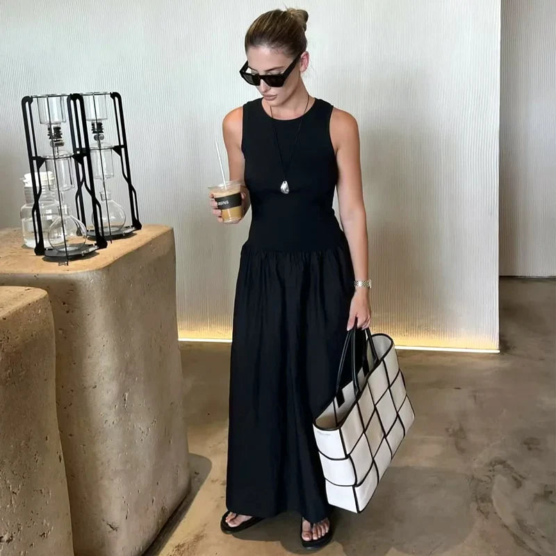 Women’s Khaki Long Dress – Sleeveless, Casual Chic