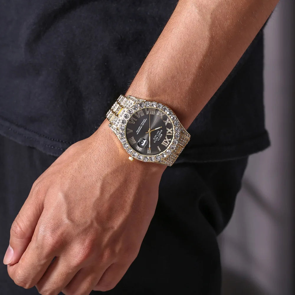 Luxury Golden Steel Men’s Watch – Roman Numerals, Rhinestone Calendar, Quartz Precision