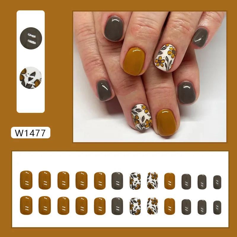 24pcs Pink Gradient Press-On Nails – Yellow Flower Design, Glossy Finish, Reusable Full Cover