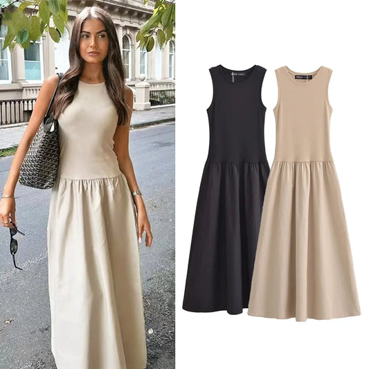 Women’s Khaki Long Dress – Sleeveless, Casual Chic