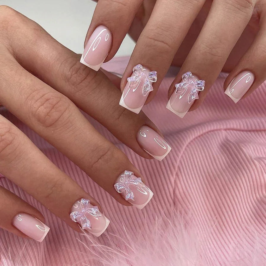 24pcs White French Press-On Nails – 3D Bowknot Design, Full Cover Wearable Set for Women