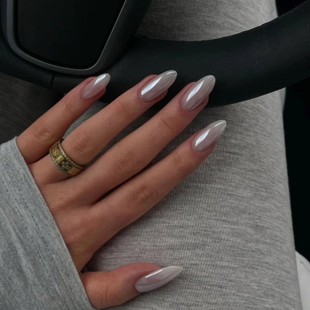 24pcs Long Almond French Tip Press-On Nails – Simple Full Cover Design