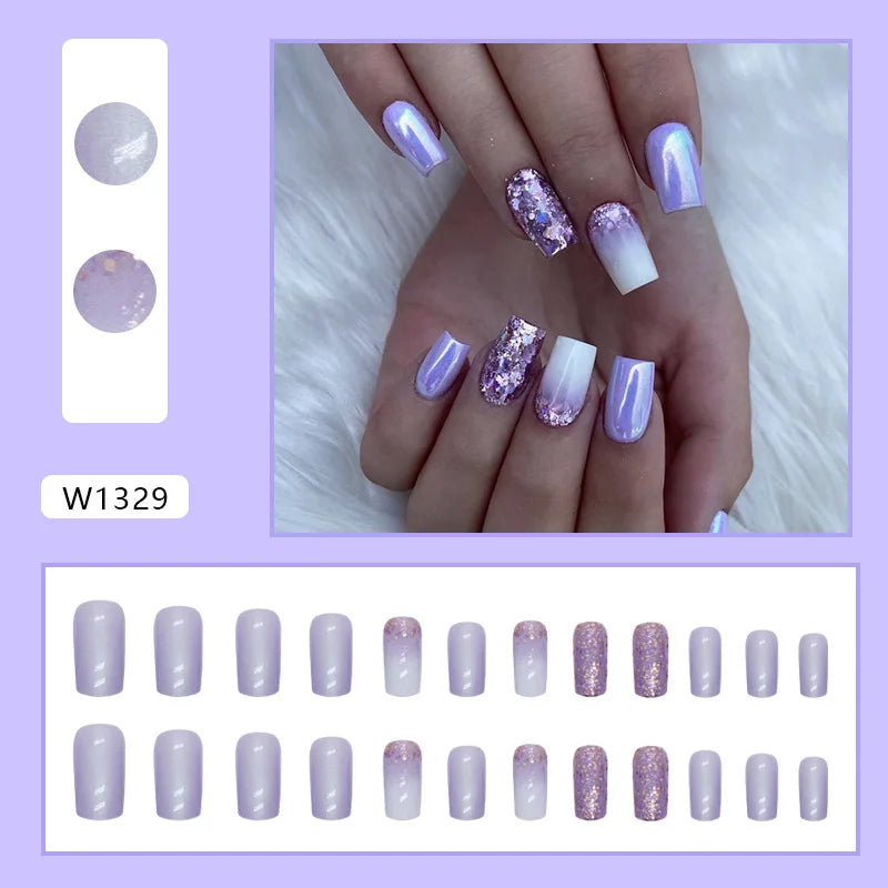 24pcs Pink Gradient Press-On Nails – Yellow Flower Design, Glossy Finish, Reusable Full Cover
