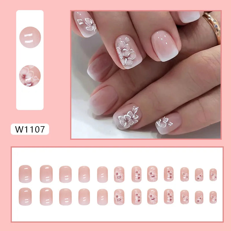 24pcs Pink Gradient Press-On Nails – Yellow Flower Design, Glossy Finish, Reusable Full Cover