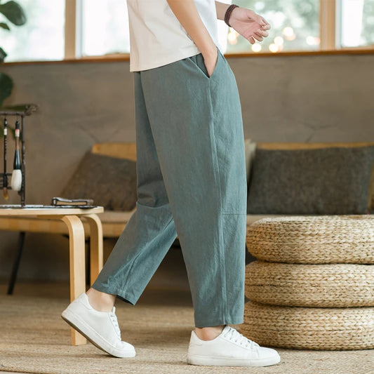 Men’s Lightweight Cotton Linen Summer Pants – Breathable, Loose Fit, Mid-Waist, Casual Style