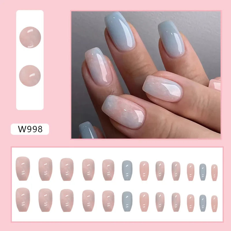 24pcs Pink Gradient Press-On Nails – Yellow Flower Design, Glossy Finish, Reusable Full Cover
