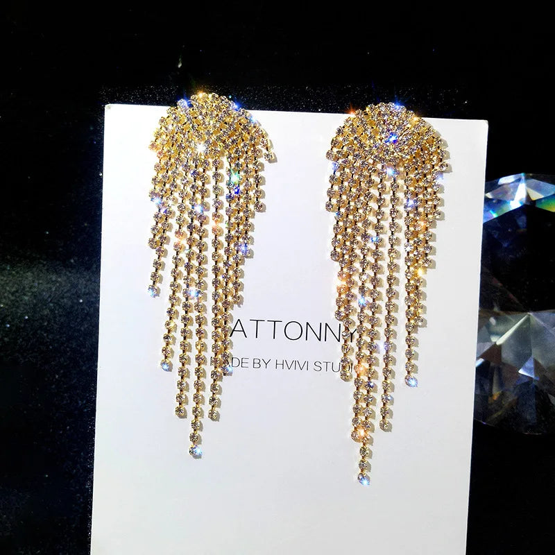 Crystal Leaf Long Tassel Earrings – Statement Gold-Tone Design, Elegant Gift Jewelry