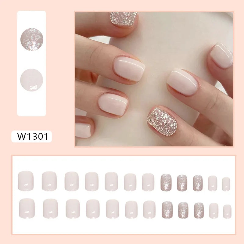 24pcs Pink Gradient Press-On Nails – Yellow Flower Design, Glossy Finish, Reusable Full Cover
