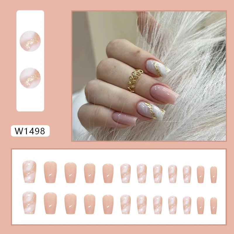 24pcs Pink Gradient Press-On Nails – Yellow Flower Design, Glossy Finish, Reusable Full Cover