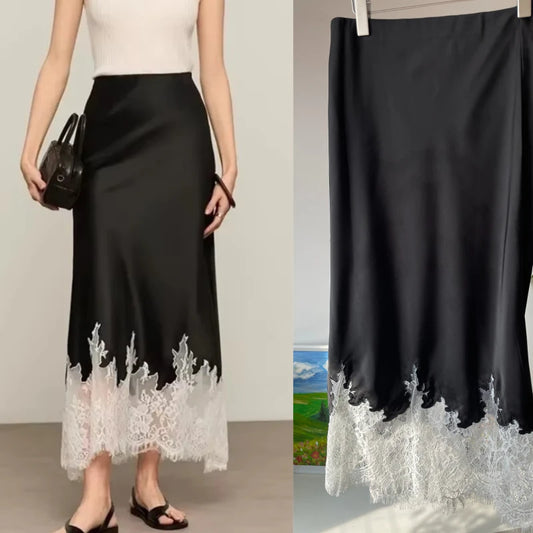 Women's Satin Midi Skirt with Detailed Floral Lace