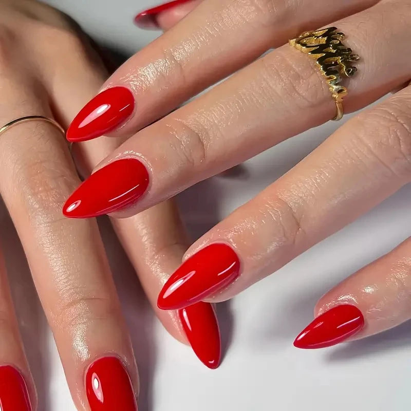24pcs Almond Press–On Nails – Wine Red High Saturation, Korean Style for Valentine’s Day
