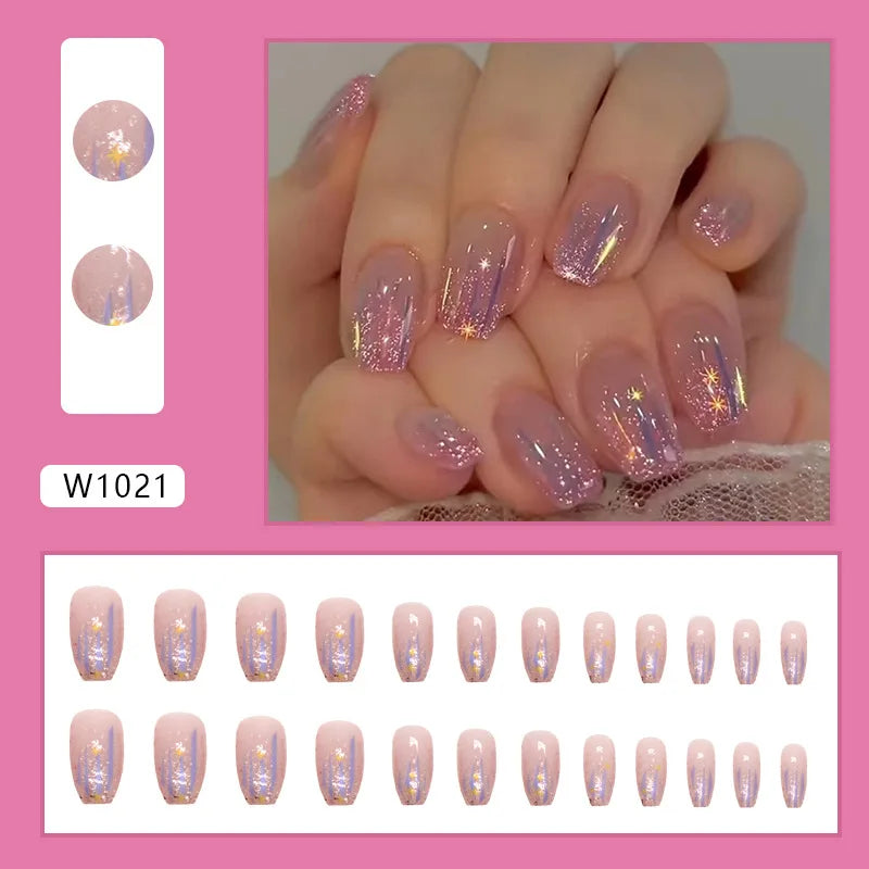 24pcs Pink Gradient Press-On Nails – Yellow Flower Design, Glossy Finish, Reusable Full Cover